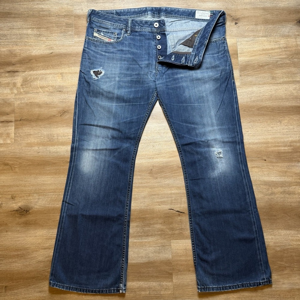 Diesel Zathan Jeans Men 36x30 Blue Bootcut Dark Wash Italy Thrashed Denim 008LC